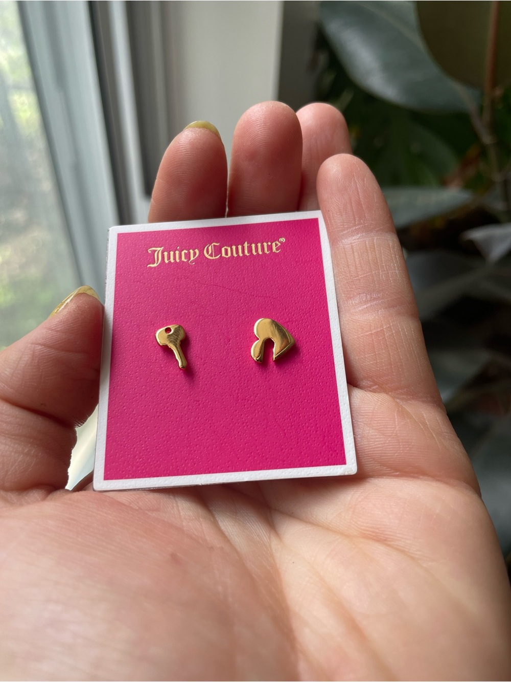 Juicy Couture Gold Heart & Key Stud Earrings on Pink Card